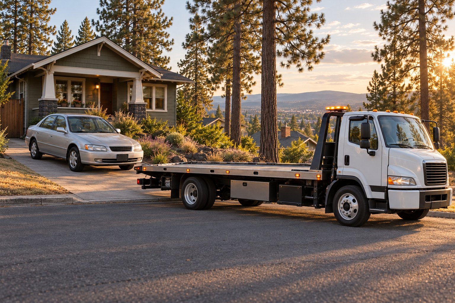 An unmarked flatbed approaching a sedan in a Spokane-style residential driveway