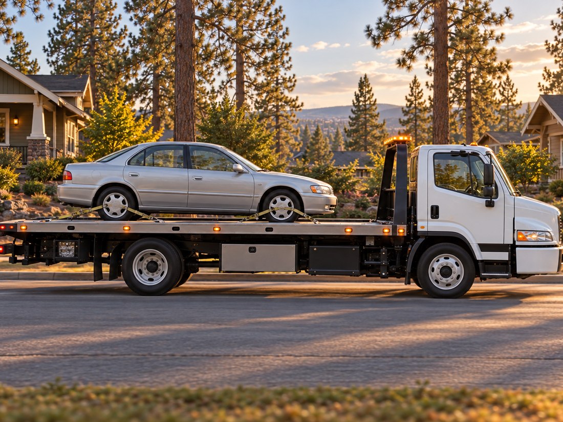 Side view of a silver sedan secured by wheel straps on a flatbed truck on a residential street